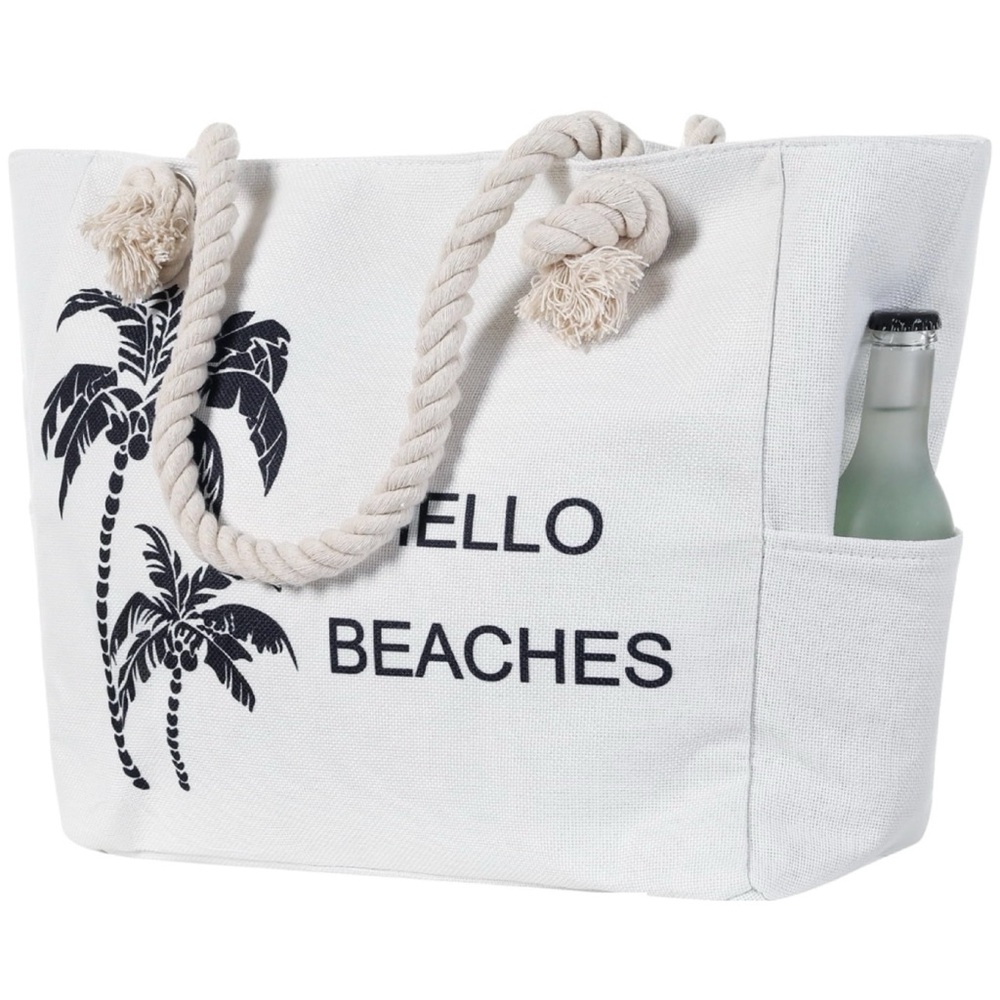 (NWT) TESALATE • Cream/Black “Hello Beaches” and Palm Trees Large Beach Tote Bag - Picture 2 of 15